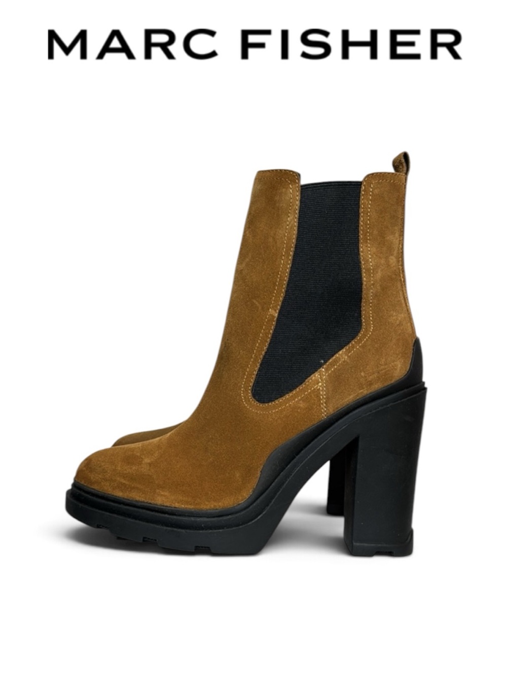 MARC FISHER LTD RAMIO SUEDE CHELSEA BOOTS DARK NATURAL LUG SOLE SIZE 9.5